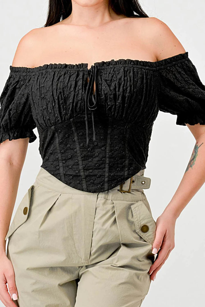 EYELET WOVEN RUFFLED OFF SHOULDER RUCHED SWEETHEART CROPPED TOP