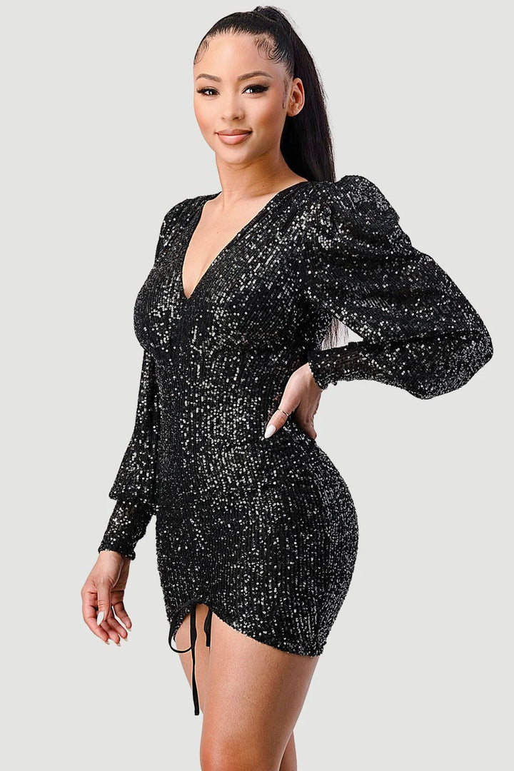 CHIC SEQUIN FRONT DRAWSTRING BISHOP LONG SLEEVE MINI DRESS