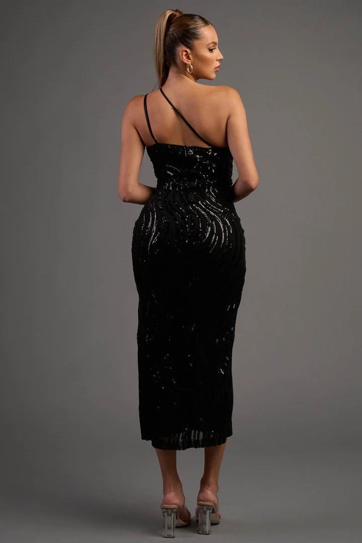 LUXE WAVE SEQUINS ASYMMERTIC SHOULDER MIDI DRESS