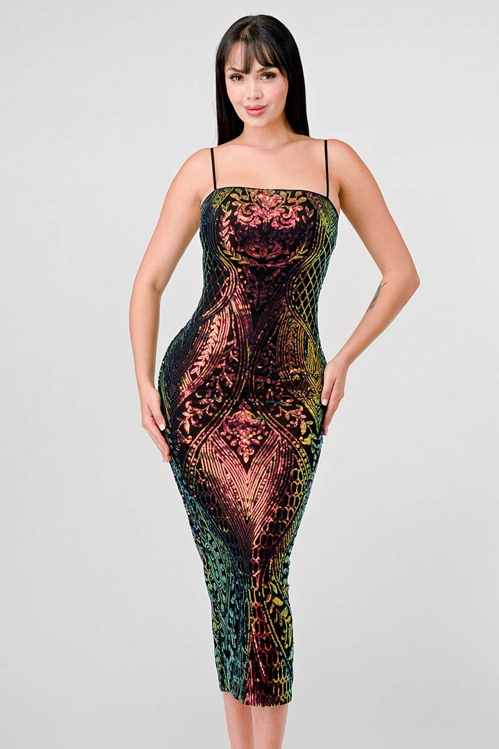 ENCHANTING PATTERN SEQUINS EMBELLISHED BACK SLIT MIDI DRESS