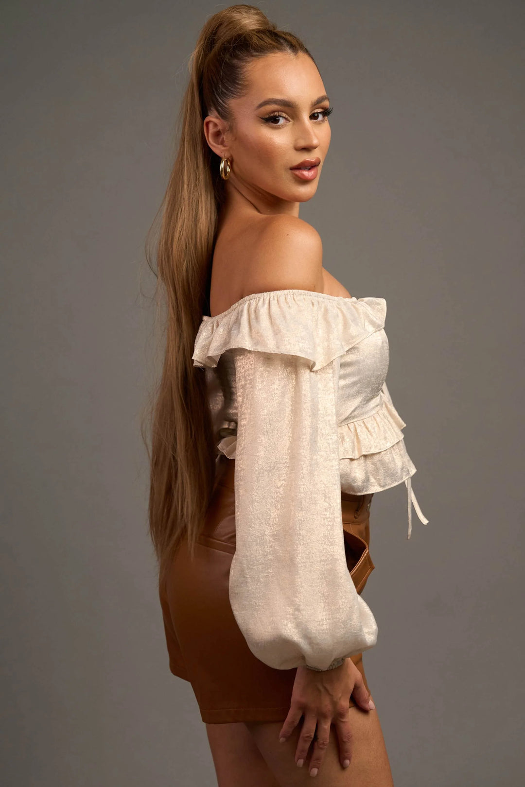 Metallic Off-Shoulder Ruffled Crop Top