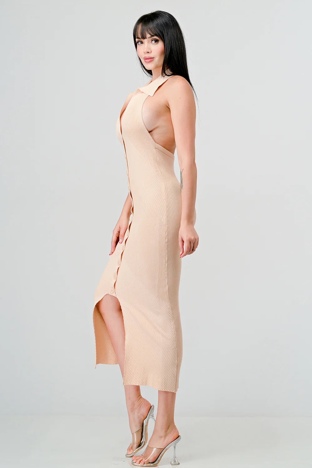 SEXY RIB KNIT BUTTON EXPOSED BACK MIDI DRESS