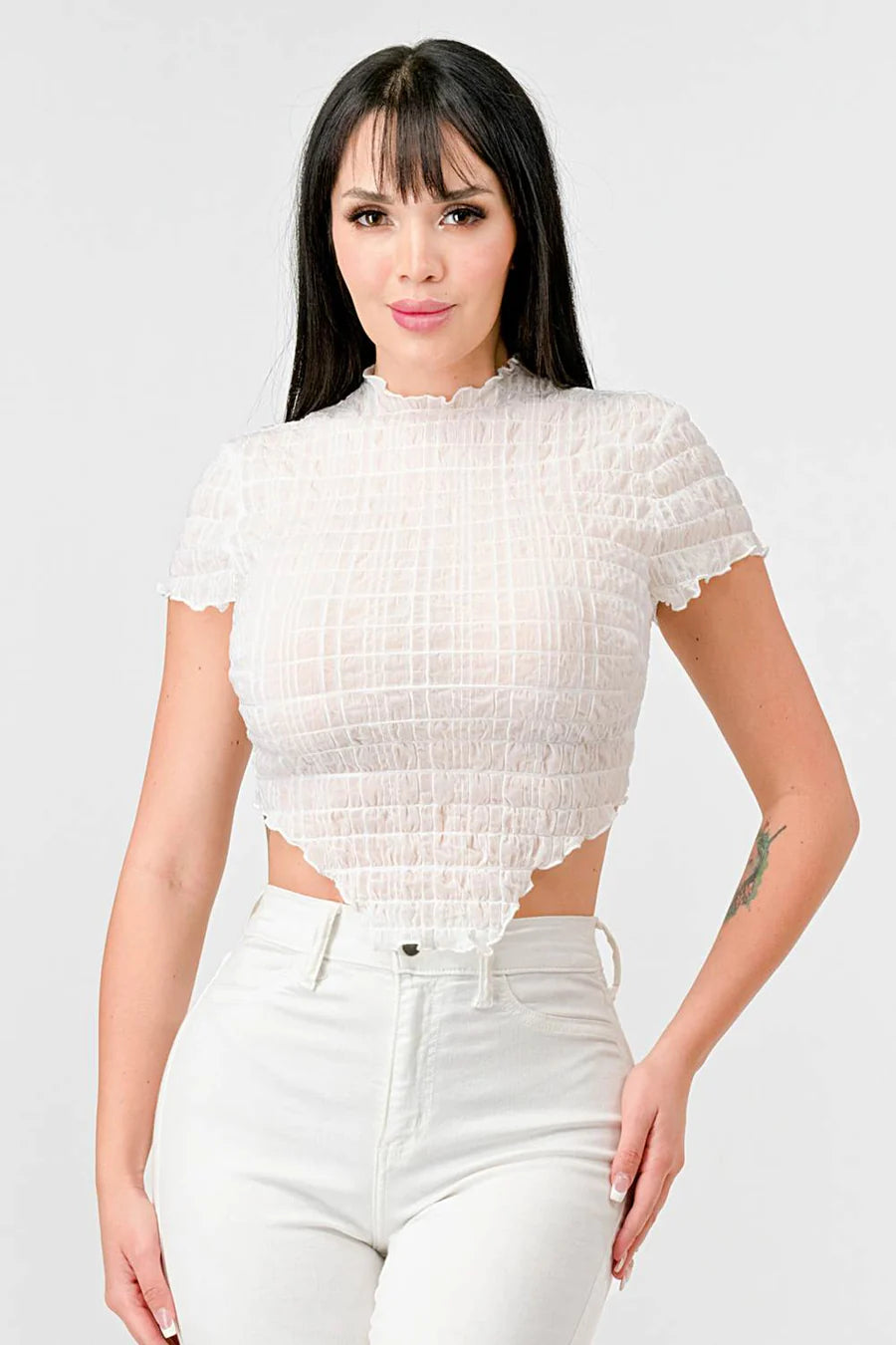 TEXTURED RUFFLED HEM KEYHOLE BACK ASYMMETRICAL CROPPED TOP