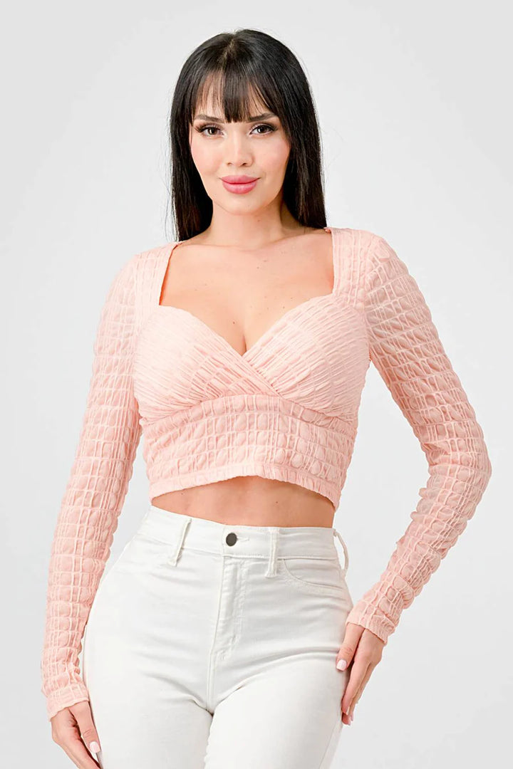 TEXTURED SWEETHEART LONG SLEEVES CROPPED TOP