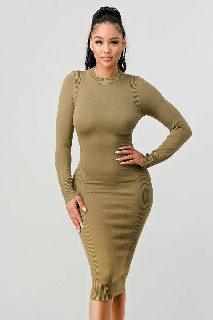 RIB SWEATER KNIT BACK WAIST TIE LONG SLEEVES BODYCON MIDI DRESS