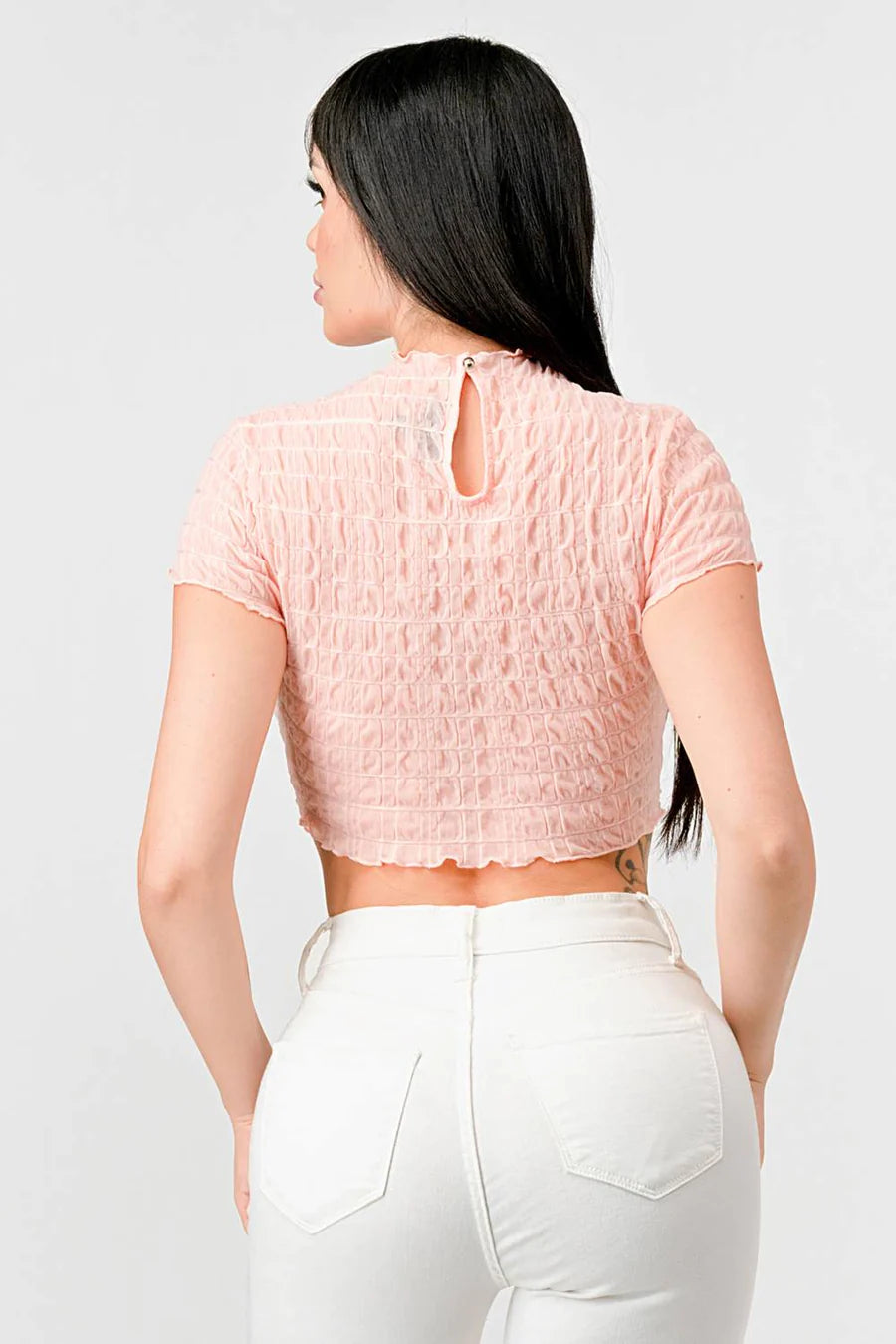 TEXTURED RUFFLED HEM KEYHOLE BACK ASYMMETRICAL CROPPED TOP