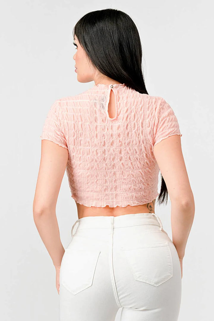 TEXTURED RUFFLED HEM KEYHOLE BACK ASYMMETRICAL CROPPED TOP