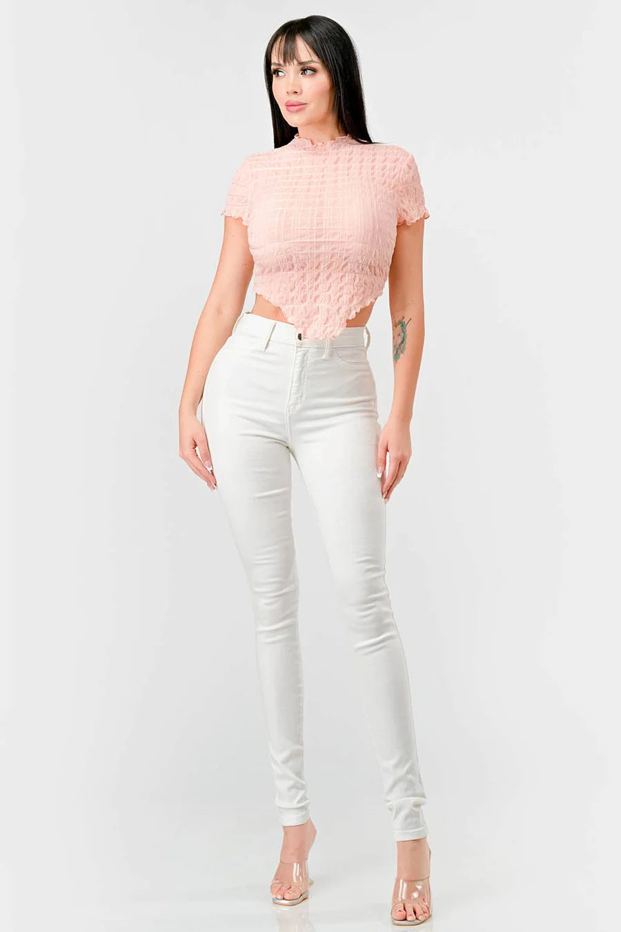 TEXTURED RUFFLED HEM KEYHOLE BACK ASYMMETRICAL CROPPED TOP