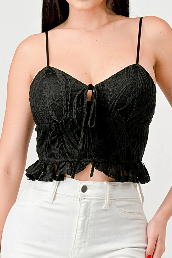 SUPER STRETCH COTTON LACE SWEETHEART DRAWSTRING RUFFLED CROPPED CAMI TOP