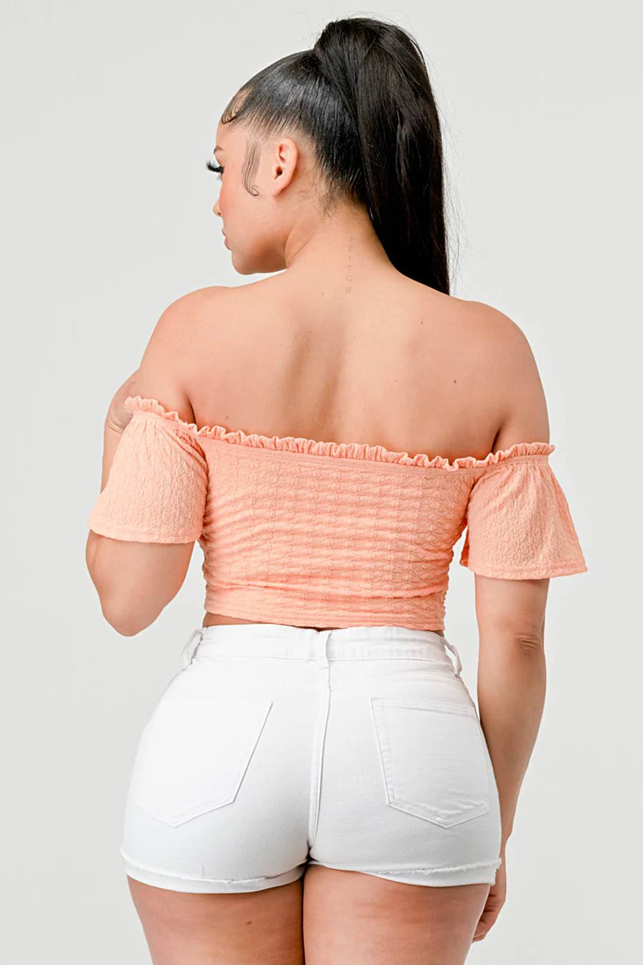 PATTERN KNIT HOOKED RUCHED OFF SHOULDER CROP TOP