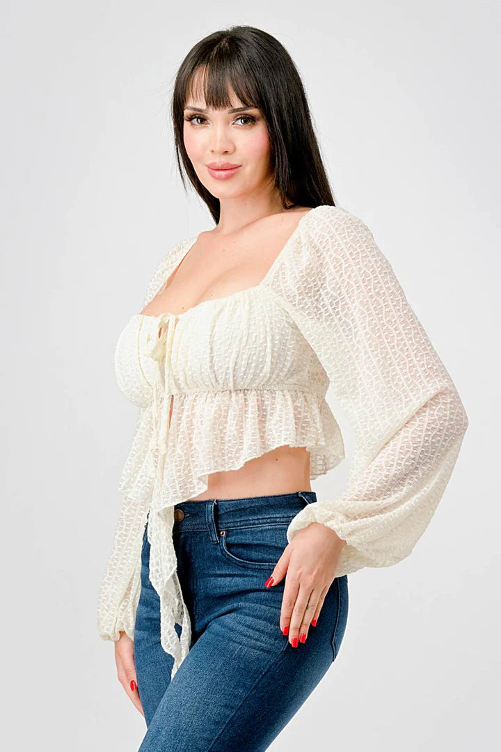 STRETCH LACE RUCHED SQUARE NECK RUFFLE DRAP TOP