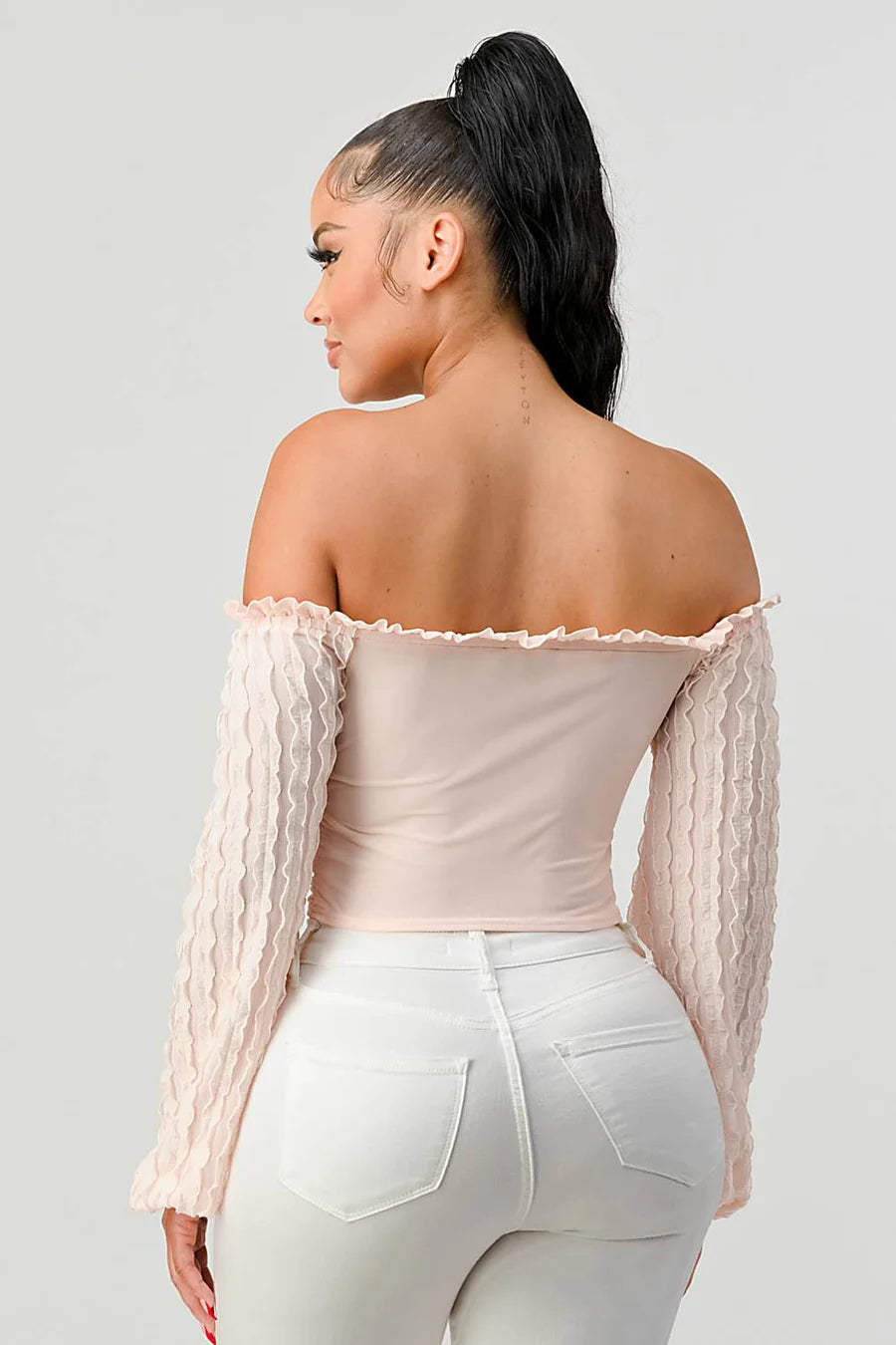 MESH RUFFLED OFF SHOULDER LACE SLEEVES HOOKED RUCHED SWEETHEART TOP