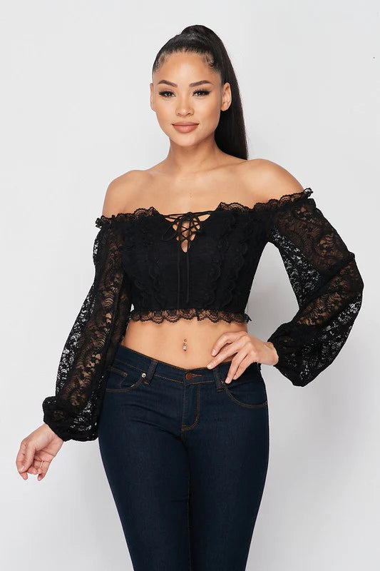 LUXE SEE-THROUGH OFF SHOULDER LACE-UP CROPPED TOP