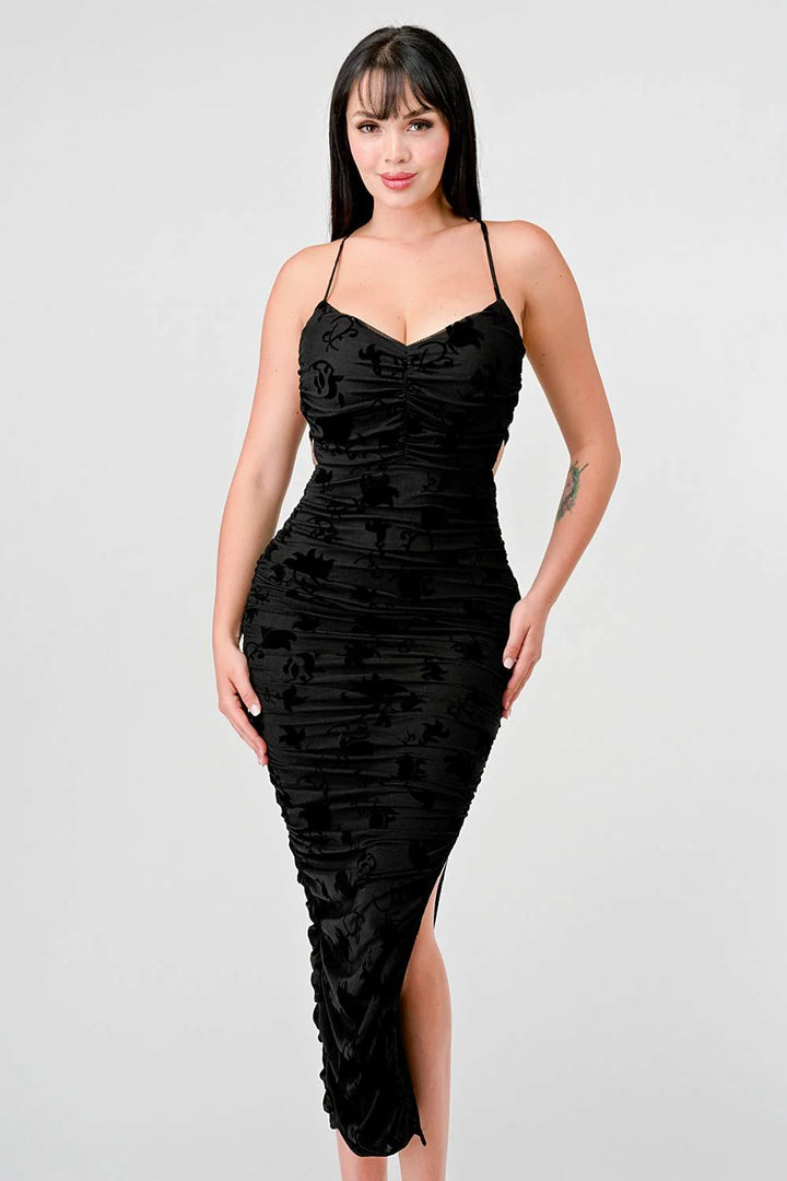 CLASSY MESH VELVET FLOCKING SIDE SLIT DRAWSTRING BACK BODYCON MIDI DRESS