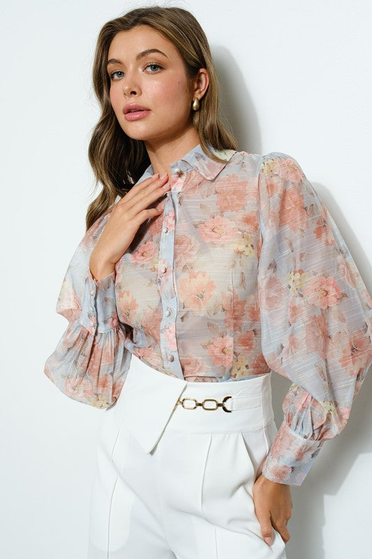 Long Puff Sleeve Floral Print Blouse Top