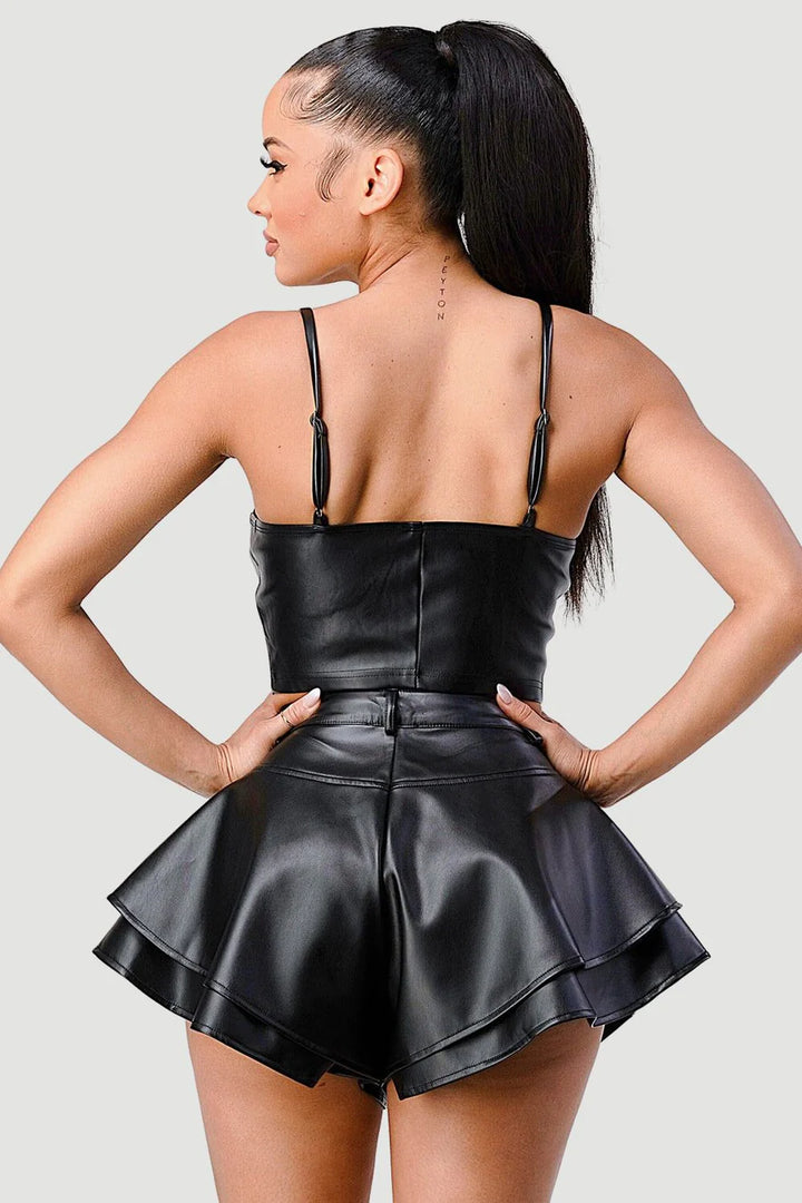 FAUX LEATHER CORSET TOP AND FLARED SHORTS SET