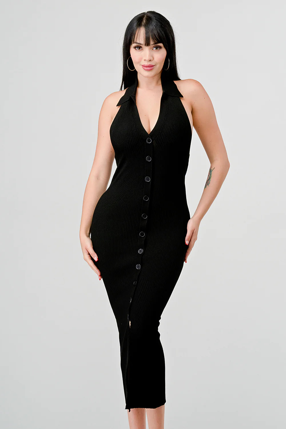 SEXY RIB KNIT BUTTON EXPOSED BACK MIDI DRESS