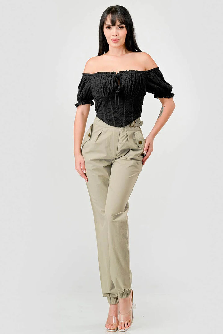 EYELET WOVEN RUFFLED OFF SHOULDER RUCHED SWEETHEART CROPPED TOP