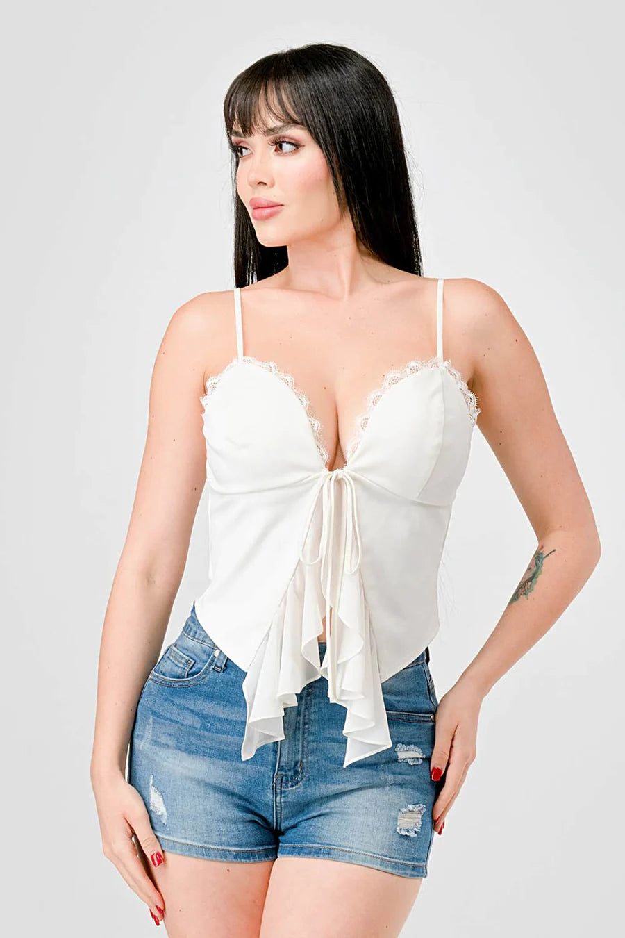 LACE TRIM SWEETHEART DRAWSTRING BOW TIE RUFFLED DRAPED CAMI TOP