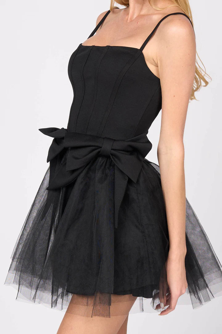 ROMANTIC BOWS DETAIL PLEATED TULLE MINI DRESS