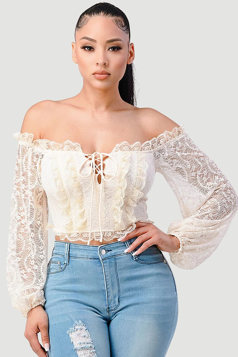 LUXE SEE-THROUGH OFF SHOULDER LACE-UP CROPPED TOP