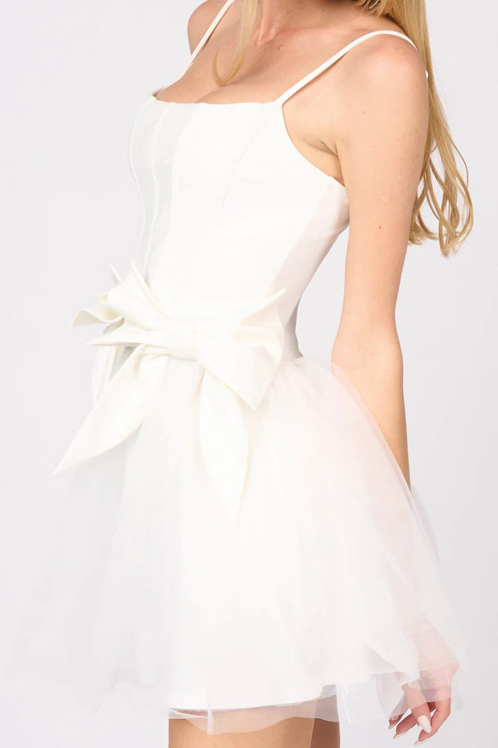 ROMANTIC BOWS DETAIL PLEATED TULLE MINI DRESS