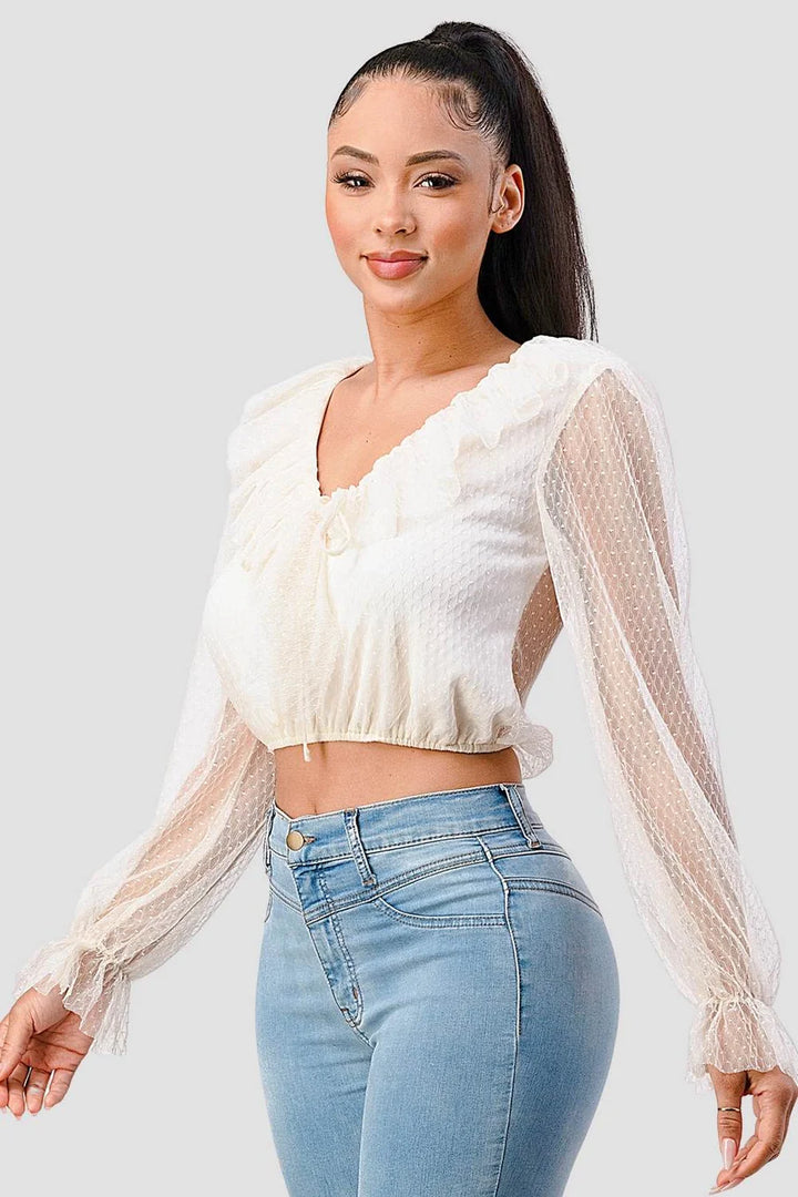 POLKA DOT MESH V-NECK RUFFLE DRAPED DRAWSTRING BOW PUFF LONG SLEEVES CROPPED TOP