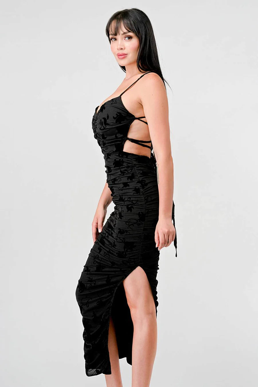 CLASSY MESH VELVET FLOCKING SIDE SLIT DRAWSTRING BACK BODYCON MIDI DRESS