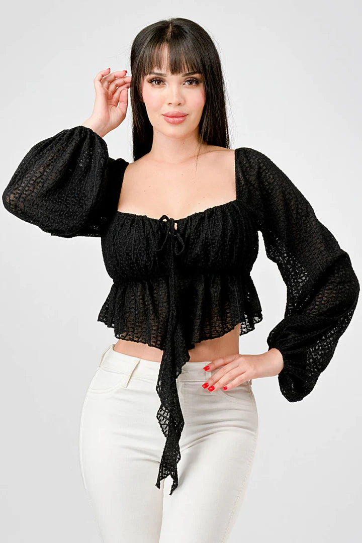 STRETCH LACE RUCHED SQUARE NECK RUFFLE DRAP TOP