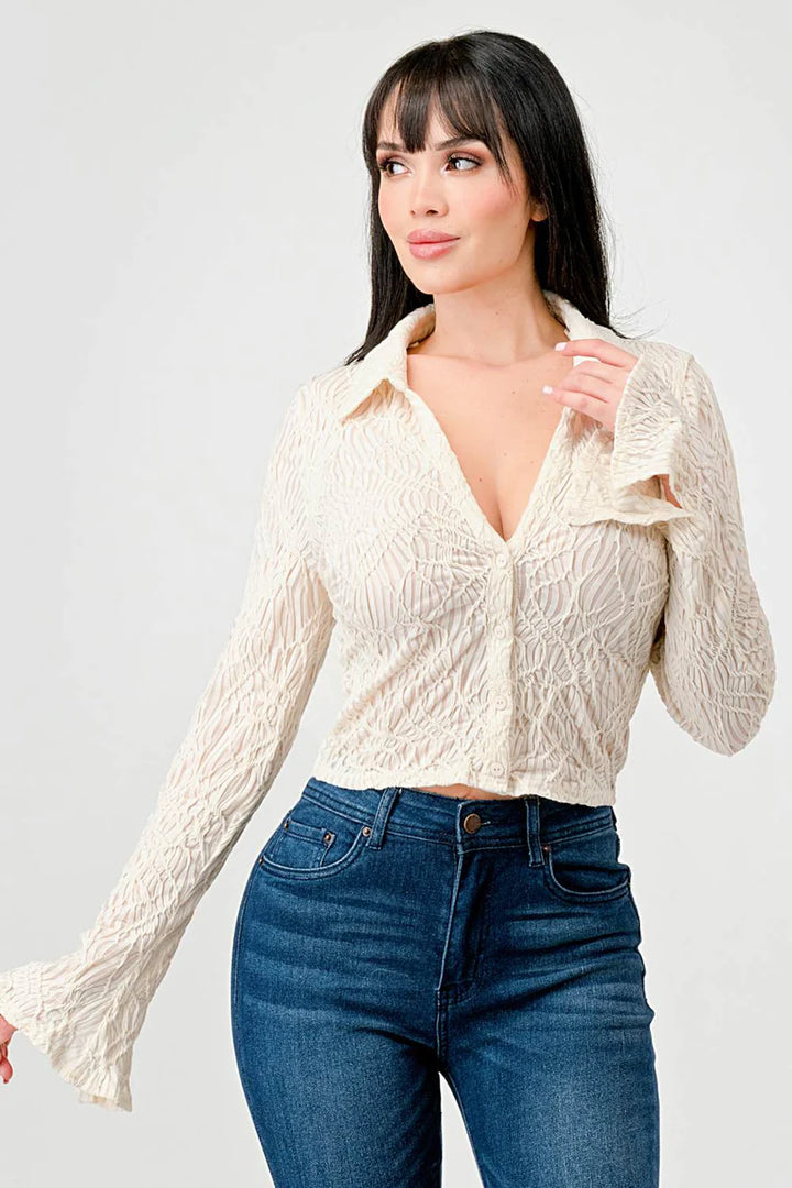 TEXTURED MESH V NECK COLLARED BUTTON DOWN BELL SLEEVES BLOUSE TOP