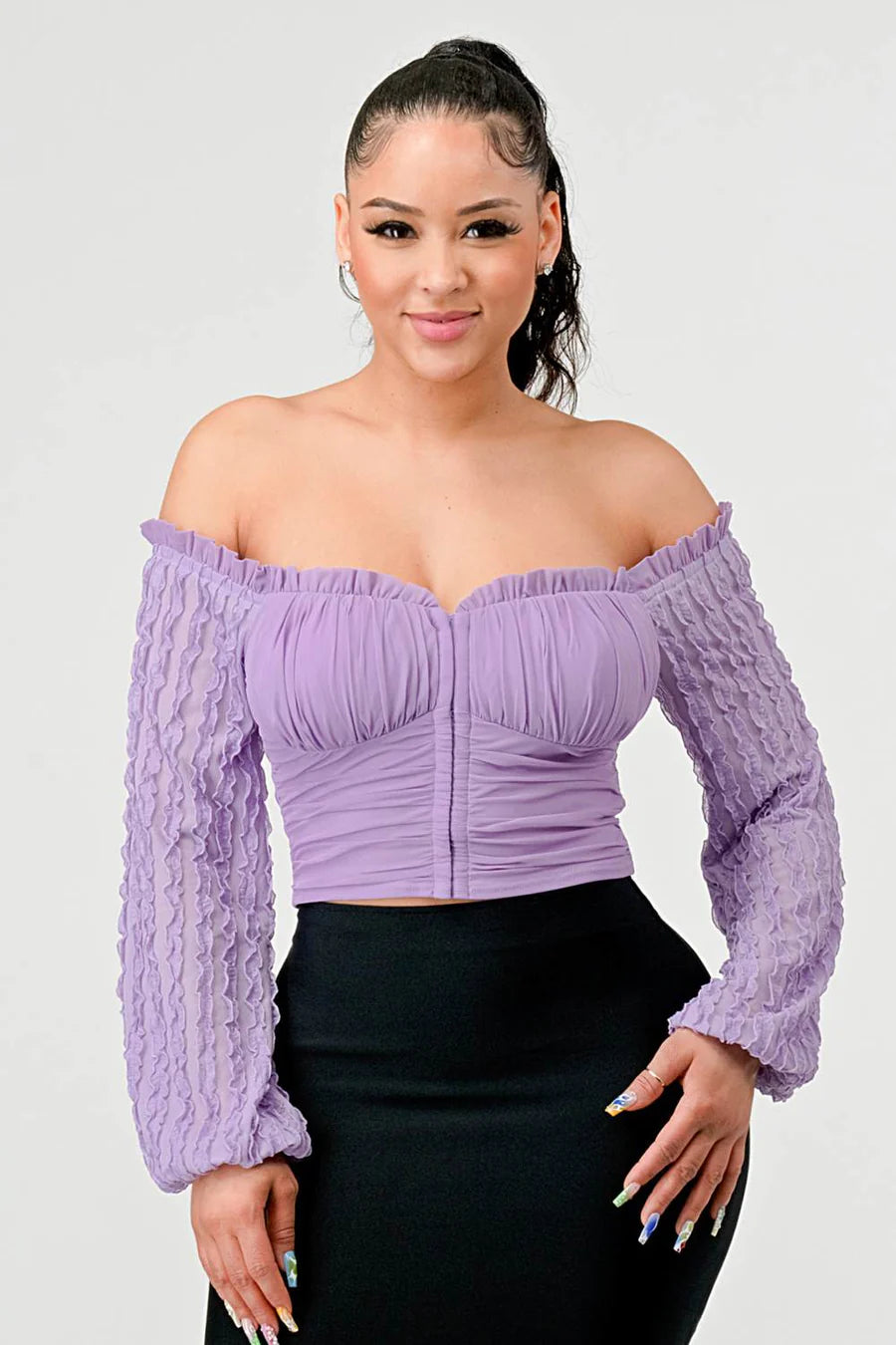 MESH RUFFLED OFF SHOULDER LACE SLEEVES HOOKED RUCHED SWEETHEART TOP