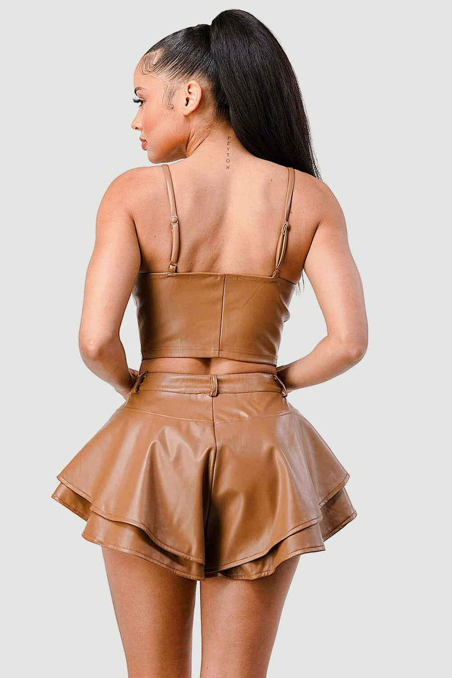 FAUX LEATHER CORSET TOP AND FLARED SHORTS SET