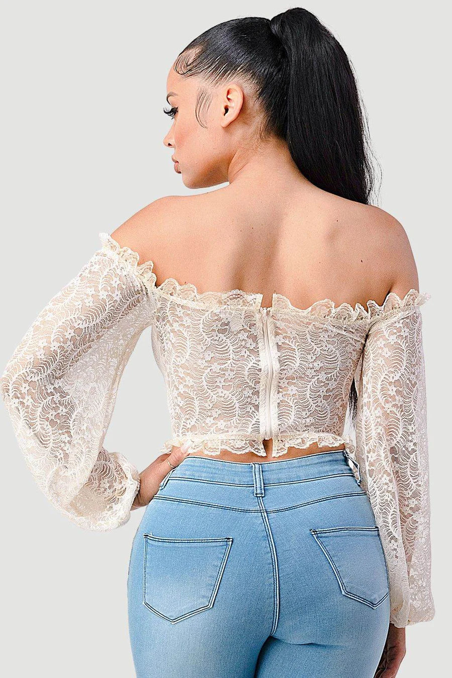 LUXE SEE-THROUGH OFF SHOULDER LACE-UP CROPPED TOP