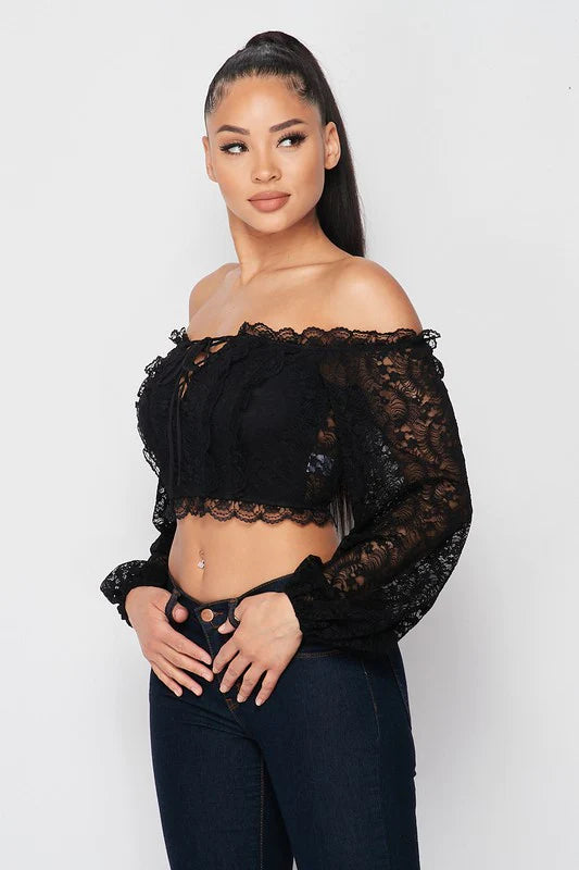 LUXE SEE-THROUGH OFF SHOULDER LACE-UP CROPPED TOP