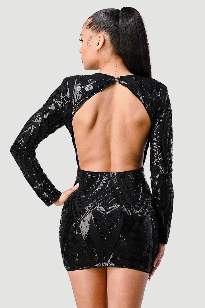 LUXE SEQUINS OPEN BACK LONG SLEEVES BODYCON MINI DRESS