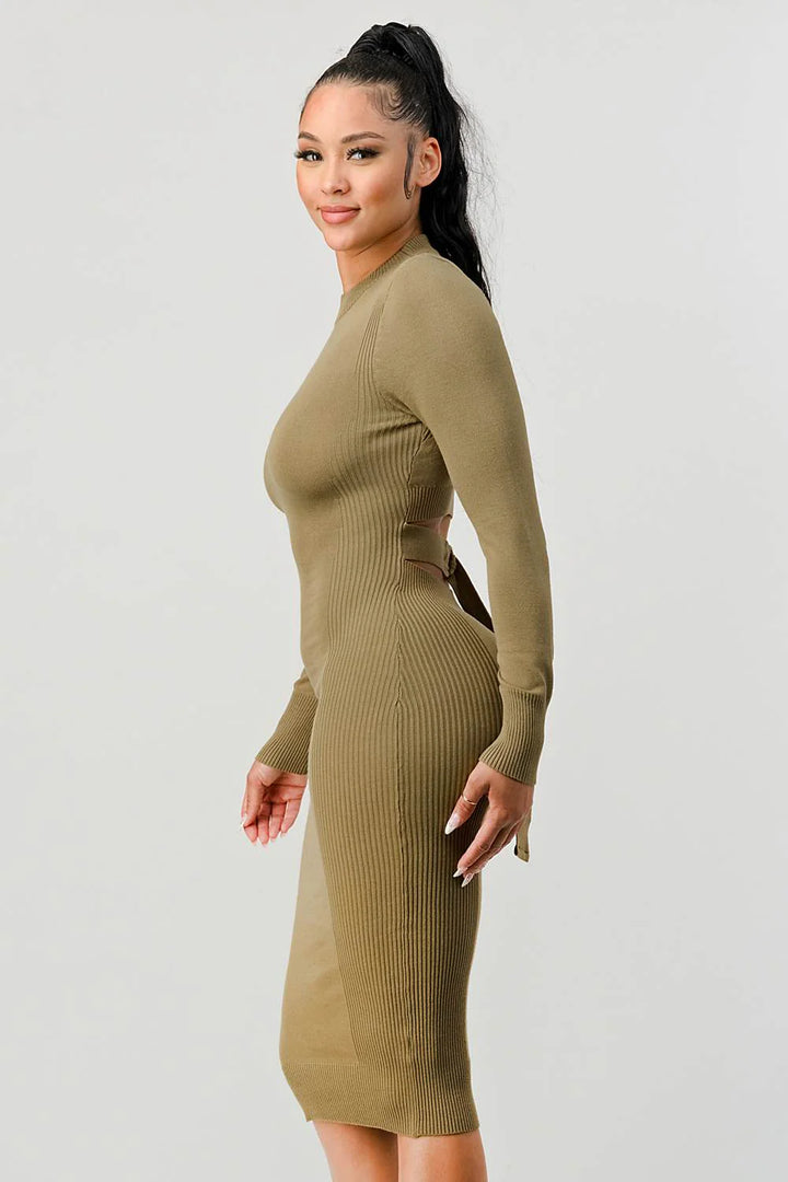 RIB SWEATER KNIT BACK WAIST TIE LONG SLEEVES BODYCON MIDI DRESS