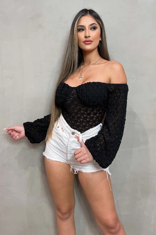 LUXE SHEER LACE OFF SHOULDER LONG SLEEVE BODYSUIT