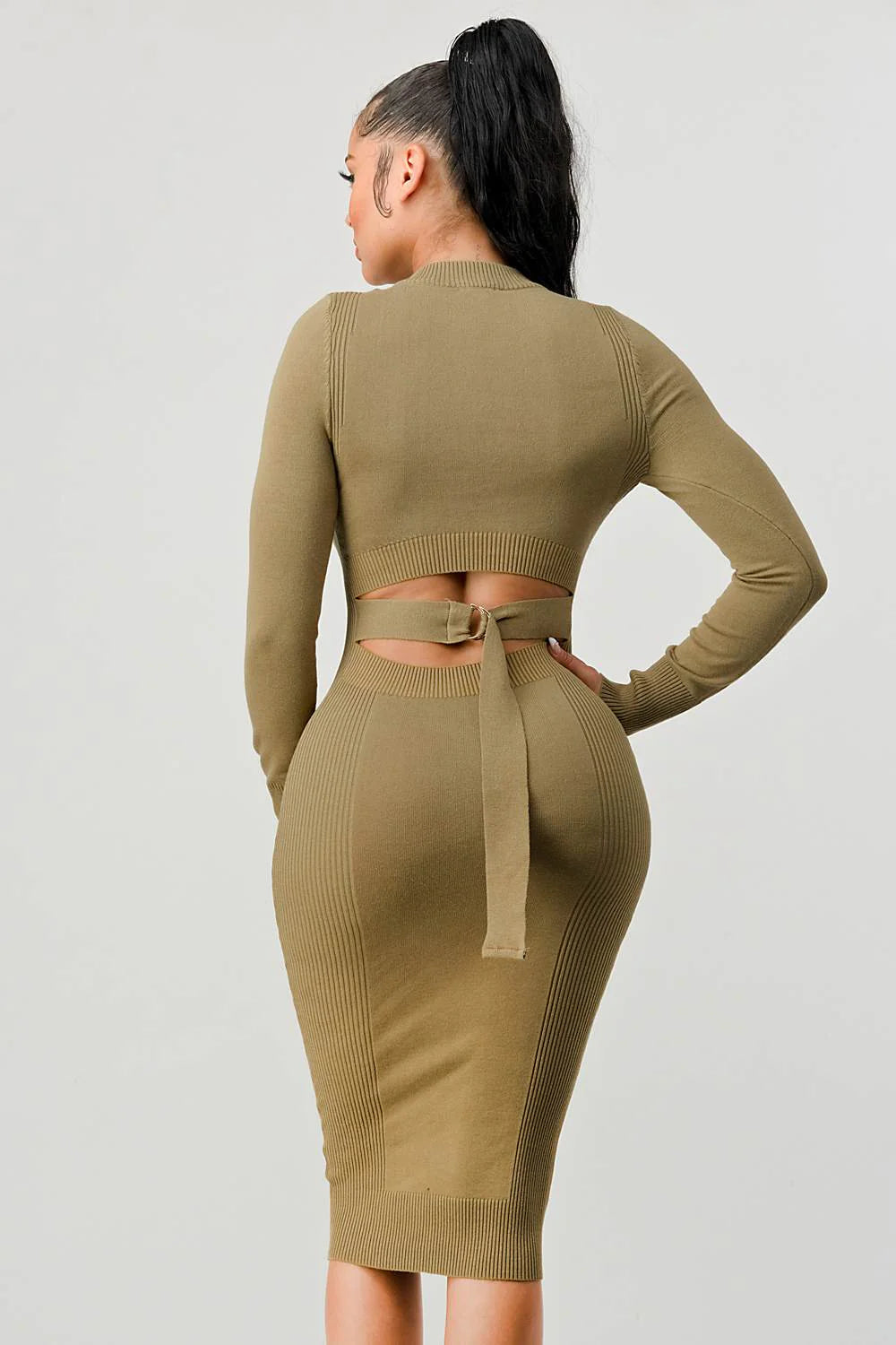 RIB SWEATER KNIT BACK WAIST TIE LONG SLEEVES BODYCON MIDI DRESS