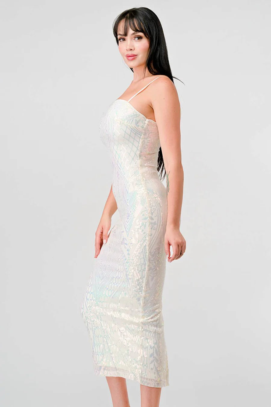 ENCHANTING PATTERN SEQUINS EMBELLISHED BACK SLIT MIDI DRESS