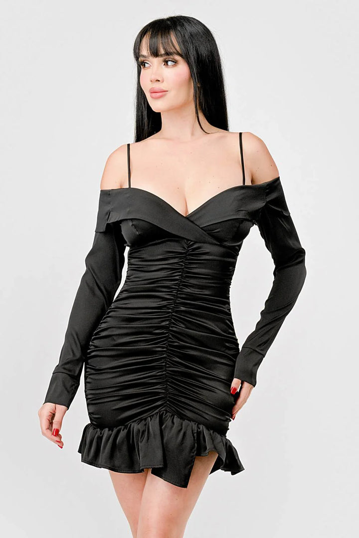 Off Shoulder Ruched Satin Mini Dress