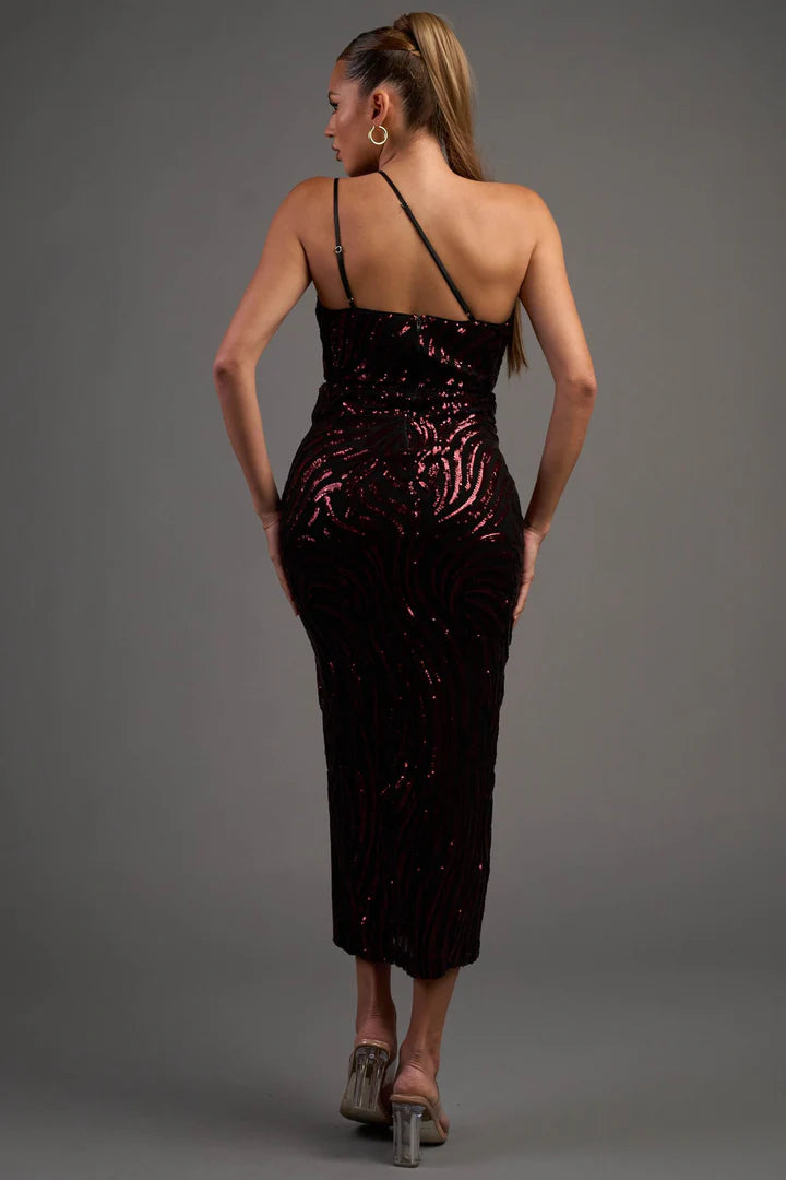 LUXE WAVE SEQUINS ASYMMERTIC SHOULDER MIDI DRESS