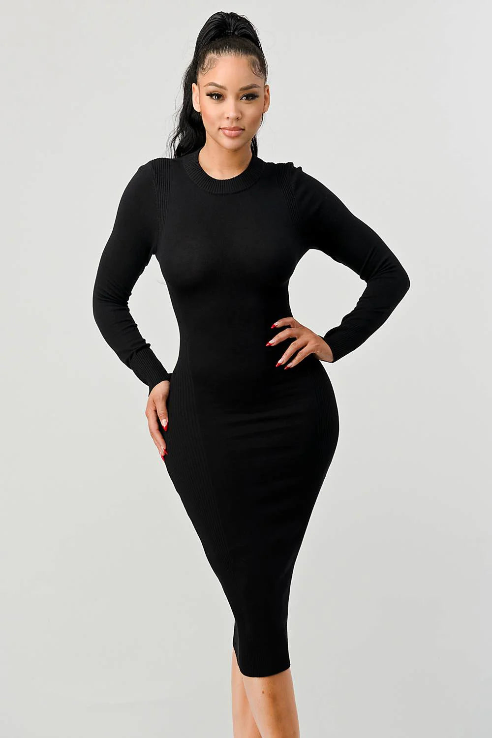 RIB SWEATER KNIT BACK WAIST TIE LONG SLEEVES BODYCON MIDI DRESS