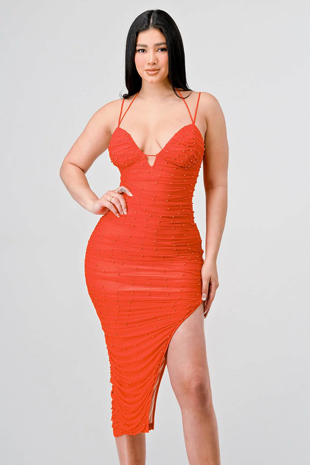 SEXY MESH LOW CUT BACK TIE NECK RUCHED MIDI DRESS