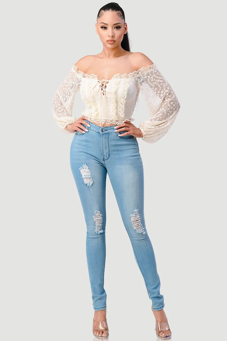 LUXE SEE-THROUGH OFF SHOULDER LACE-UP CROPPED TOP