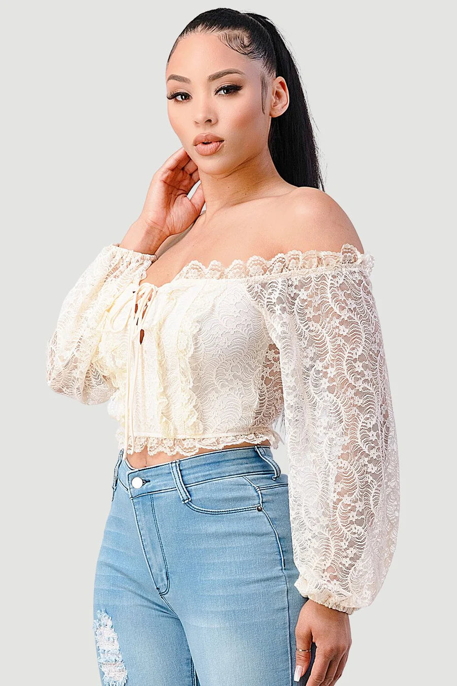 LUXE SEE-THROUGH OFF SHOULDER LACE-UP CROPPED TOP