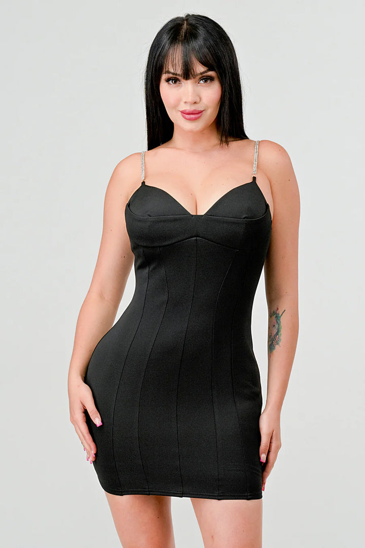 LUX TECHNO EMBELLISHED STRAP BODYCON MINI DRESS