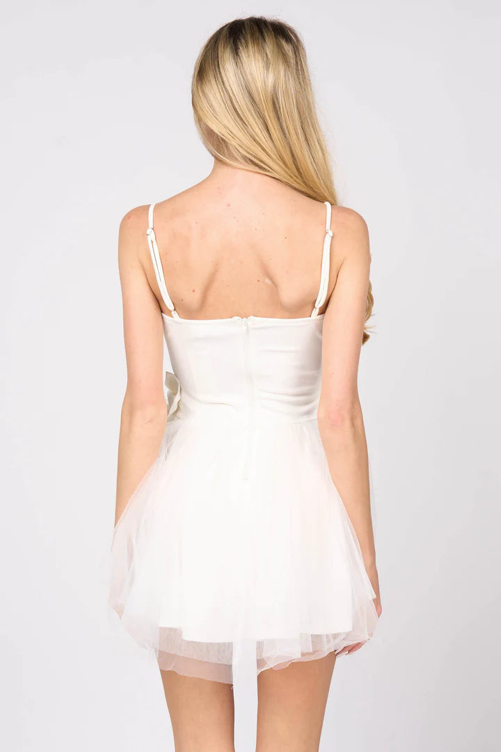 ROMANTIC BOWS DETAIL PLEATED TULLE MINI DRESS