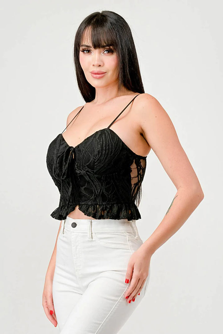 SUPER STRETCH COTTON LACE SWEETHEART DRAWSTRING RUFFLED CROPPED CAMI TOP