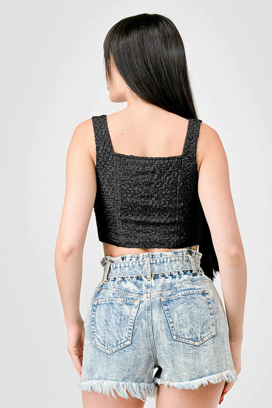 CRINKLE STRETCH KNIT SWEETHEART HOOKED BUSTIER CROPPED TOP