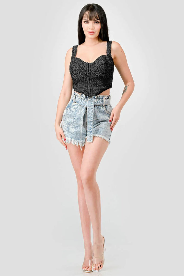 CRINKLE STRETCH KNIT SWEETHEART HOOKED BUSTIER CROPPED TOP